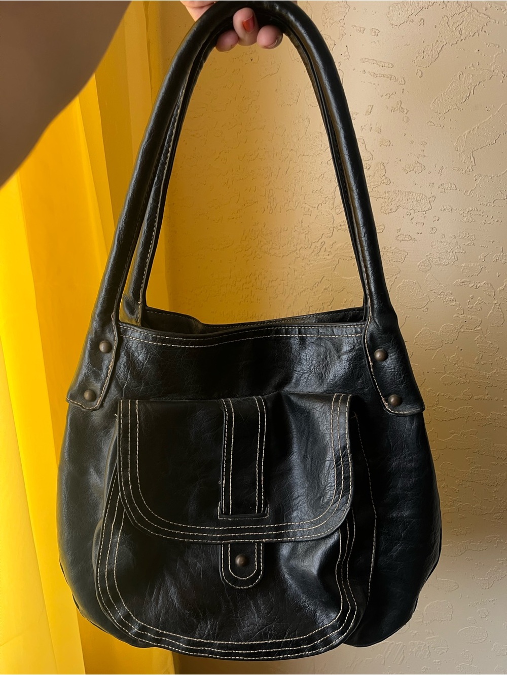 Black Women's Shoulder Bag with Contrast Stitching